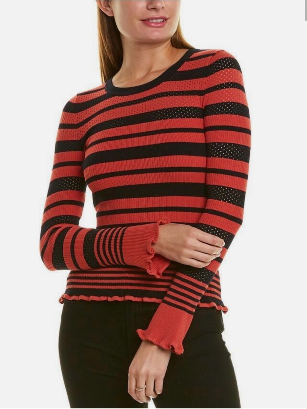 Bailey 44 Red and Black Striped Ruffled Cuff Knit Top
